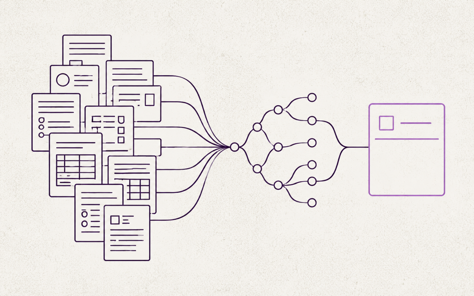 Line illustration of legal documents converging through a network into a single synthesised output