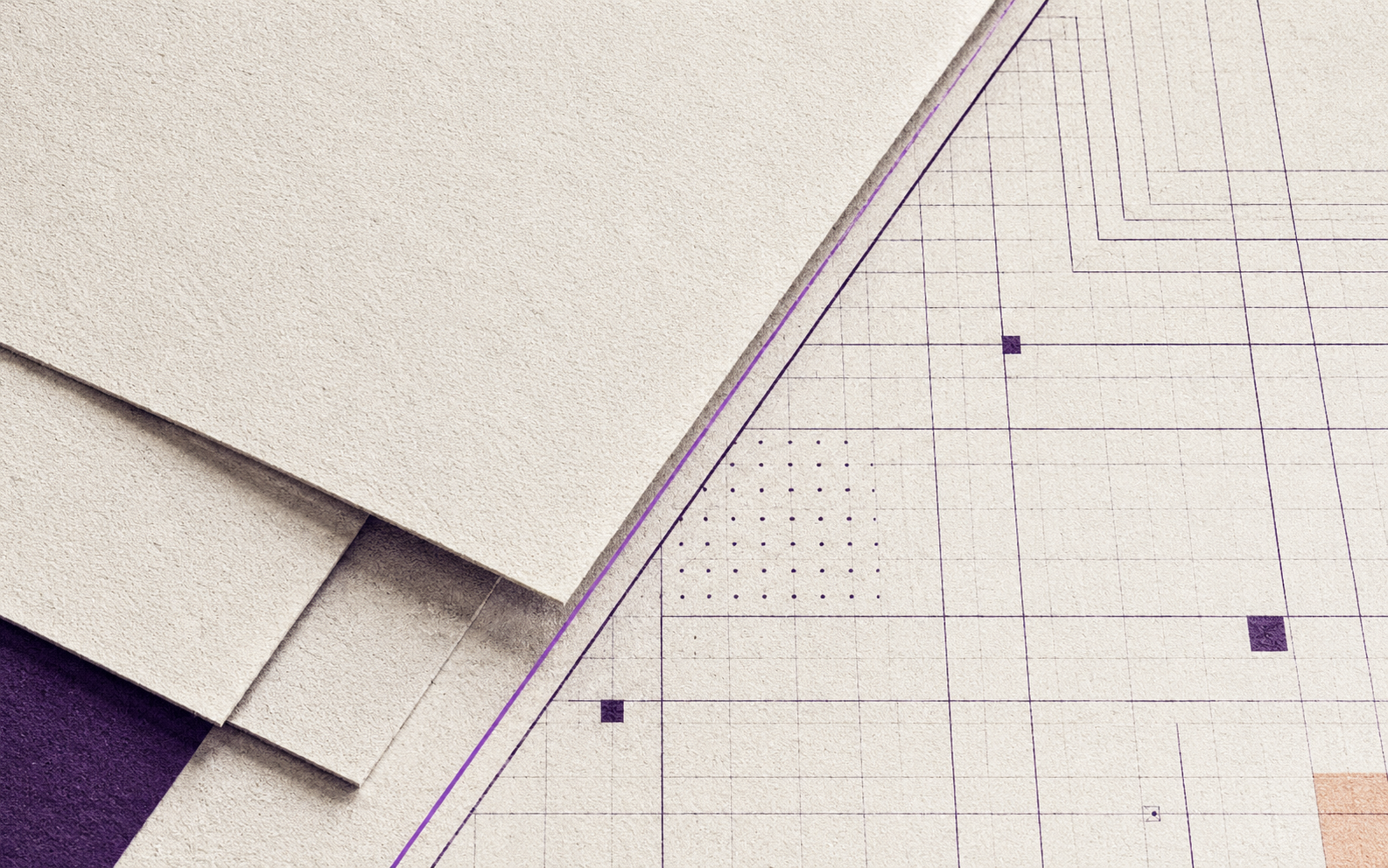 Abstract editorial illustration of layered legal documents and a technical grid representing AI-assisted legal research