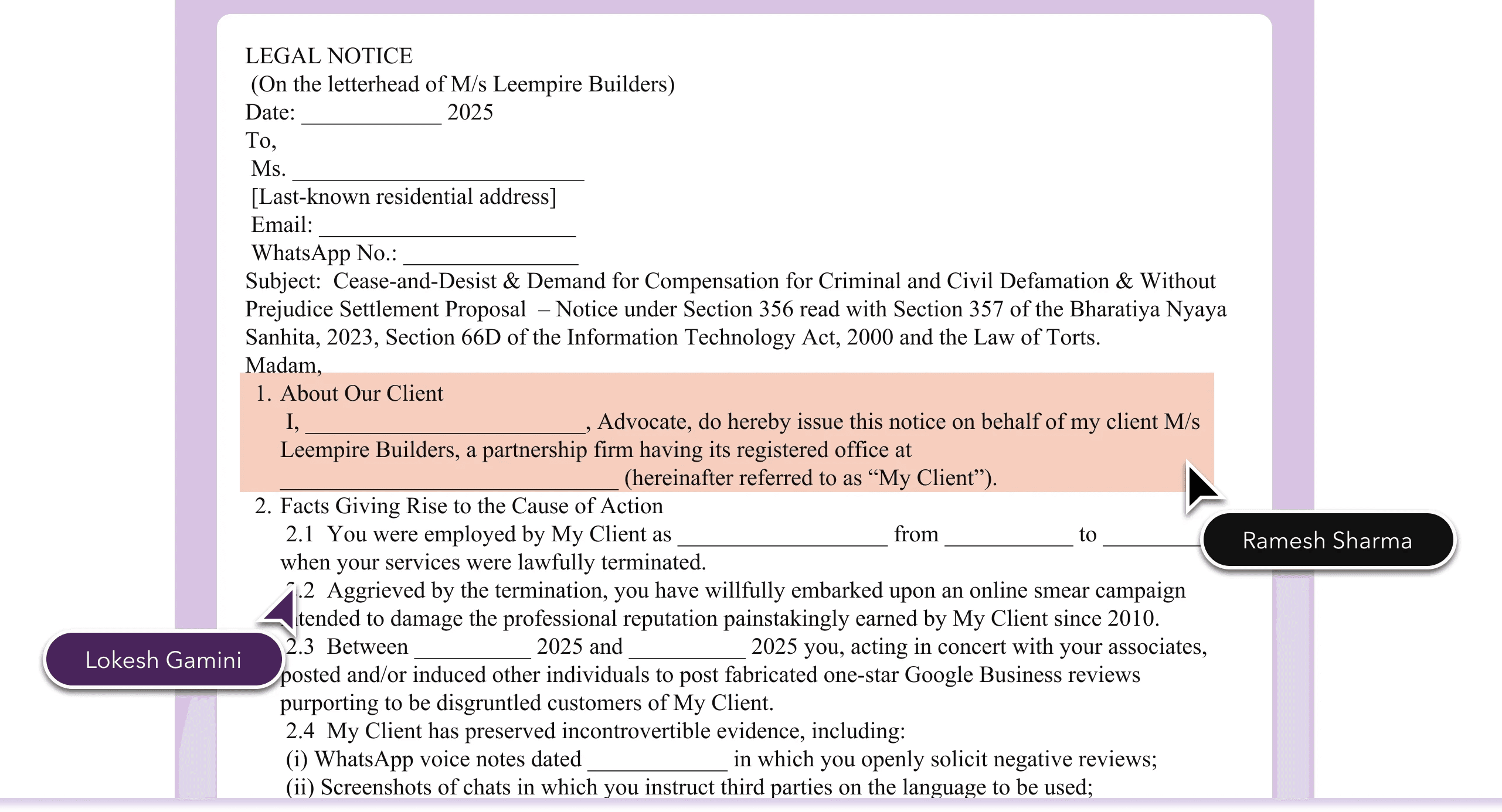 Vettam document editor with live team cursors on a legal brief