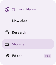 Vettam firm sidebar with Research, Storage, and Editor navigation