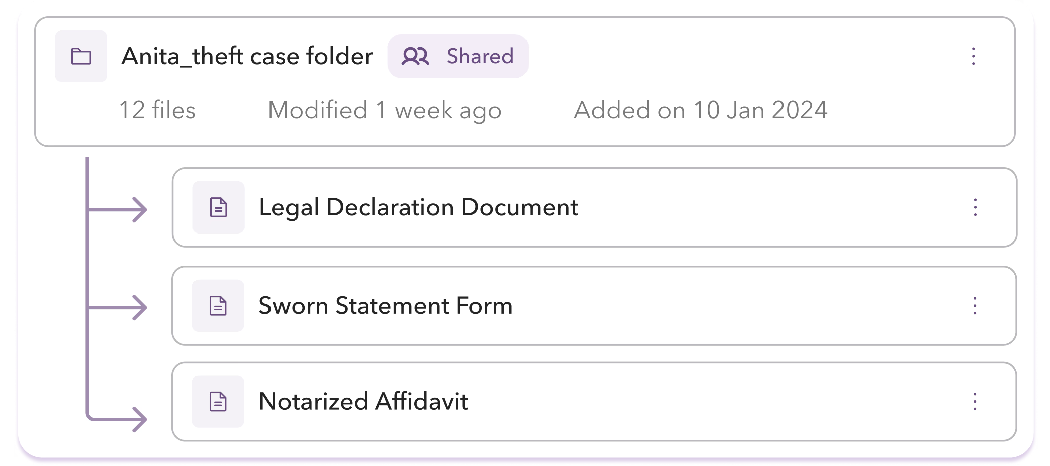 Vettam folder view with shared legal case files
