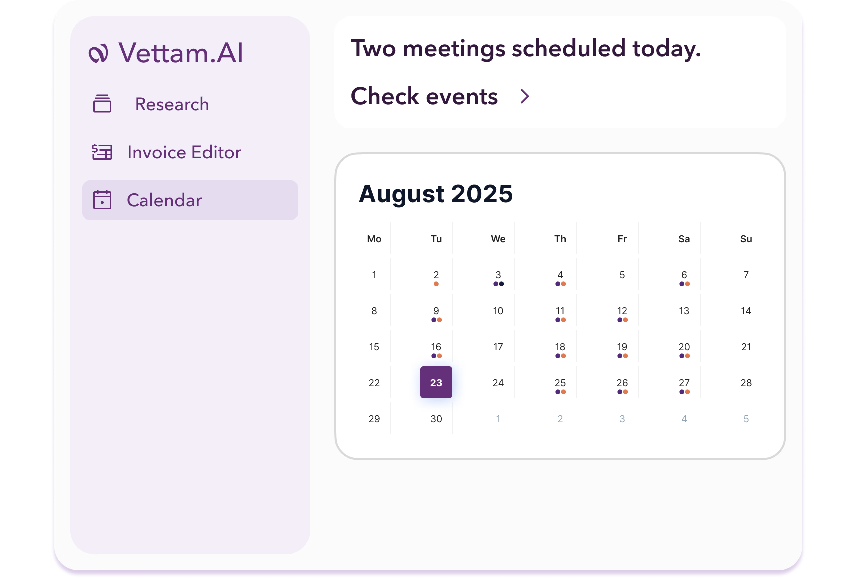Vettam calendar and operations dashboard