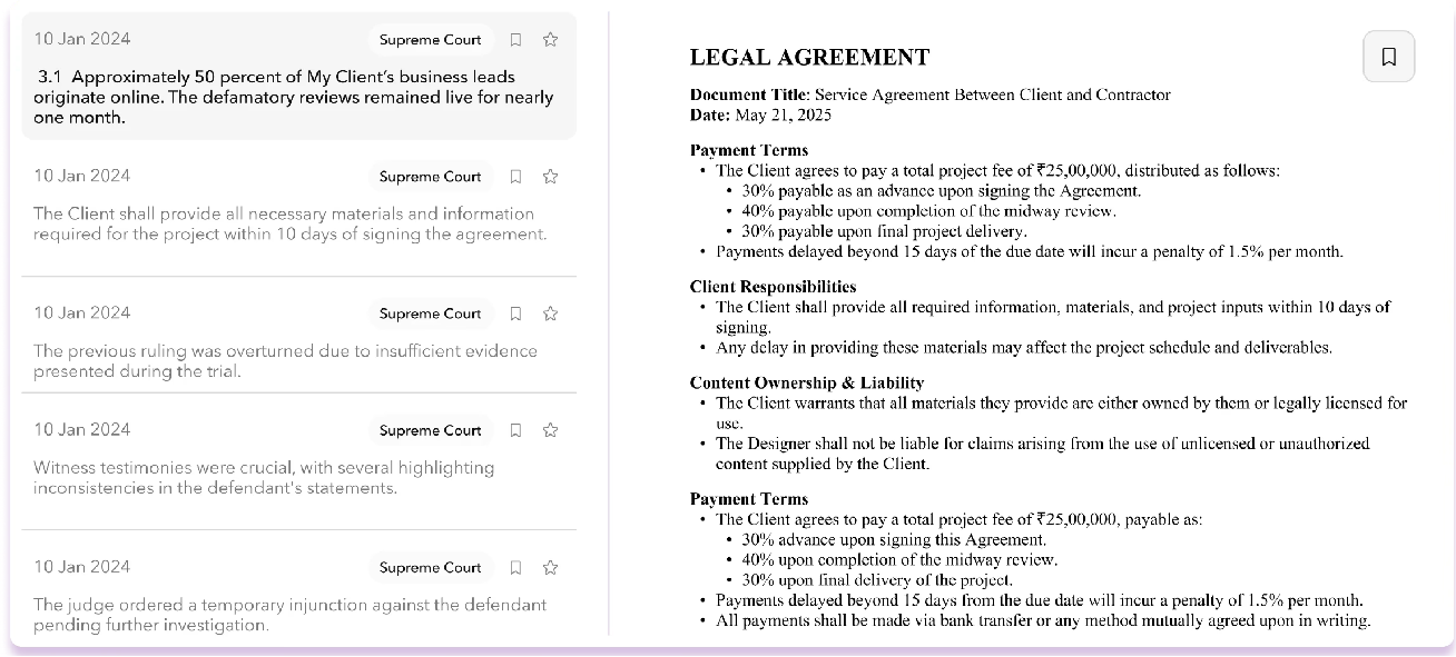 Vettam research results beside a legal agreement document